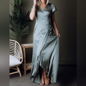 Baltic Born Krystal Satin Wrap Gown Dress - Eucalyptus Size Large